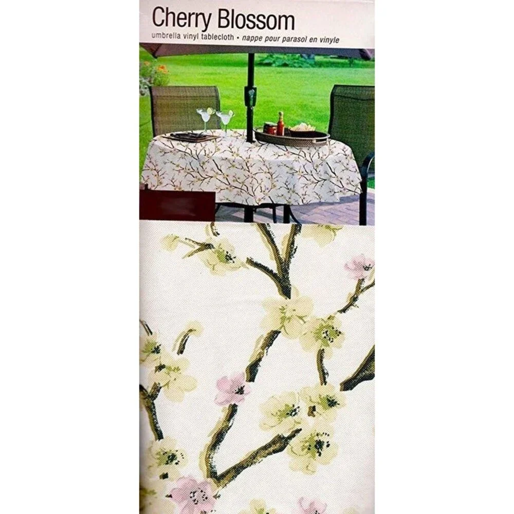 Cherry Blossom Vinyl Tablecloth Zipper Umbrella Table Flannel Backed 60x84